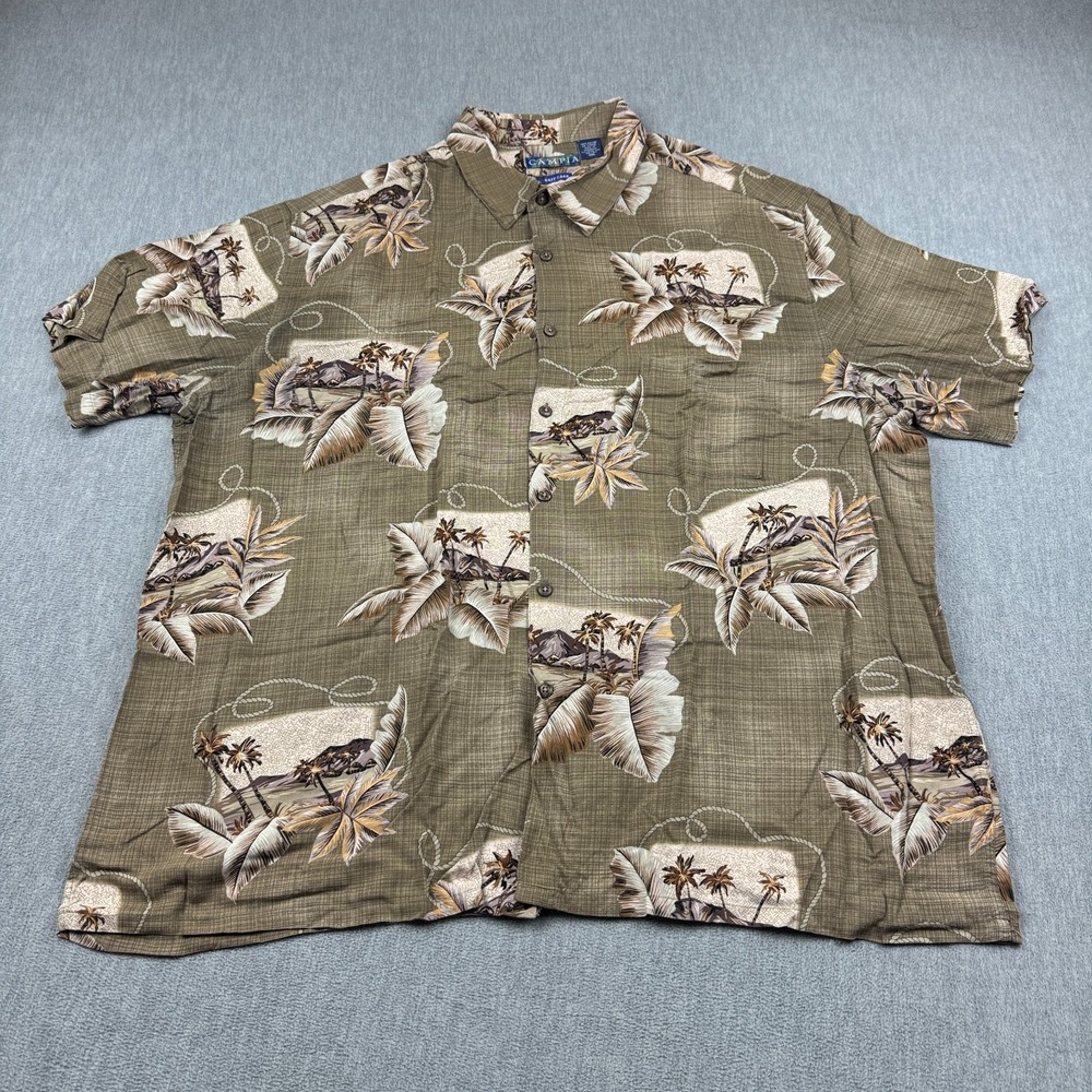 Campia Shirt Mens 2XL XXL Brown Floral Palm‎ Hawaiian Camp Classic Button Up